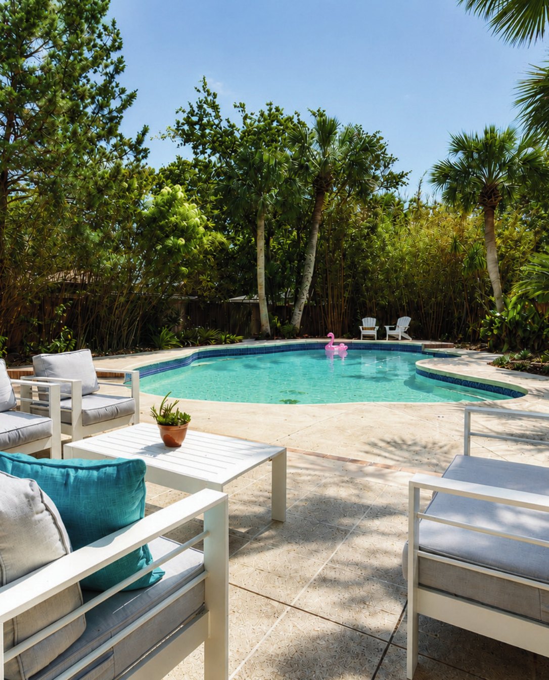 Pool and patio surrounded by tropical planting